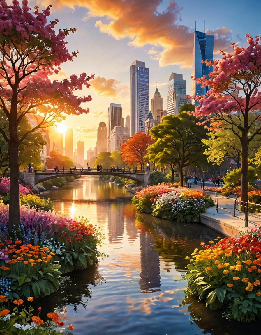 A serene sunrise over a bustling city, symbolizing growth and success. Include individuals of diverse backgrounds celebrating small wins together in a vibrant park, surrounded by blooming flowers and a flowing river. Emphasize joy and connection through their expressions. Soft, warm colors to evoke feelings of elation and positivity. super-realistic. vibrant colors. 3D.