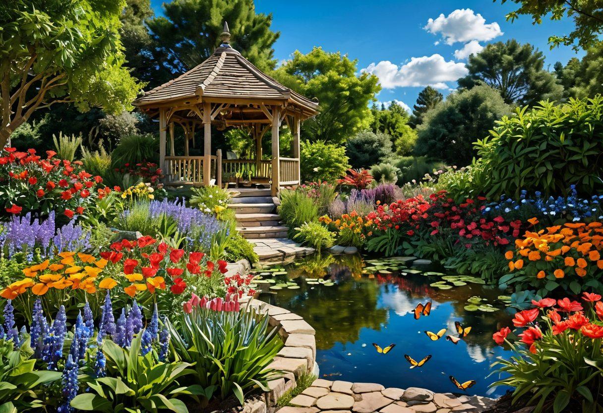 A lush garden bursting with vibrant flowers under a bright blue sky, symbolizing growth and abundance. Include a winding path leading to a serene pond, where a person joyfully practices yoga, illustrating harmony and peace. Surround this scene with butterflies and birds, signifying freedom and cheerfulness. Utilize soft, warm lighting to evoke a sense of opulence and tranquility. super-realistic. vibrant colors. nature-inspired.